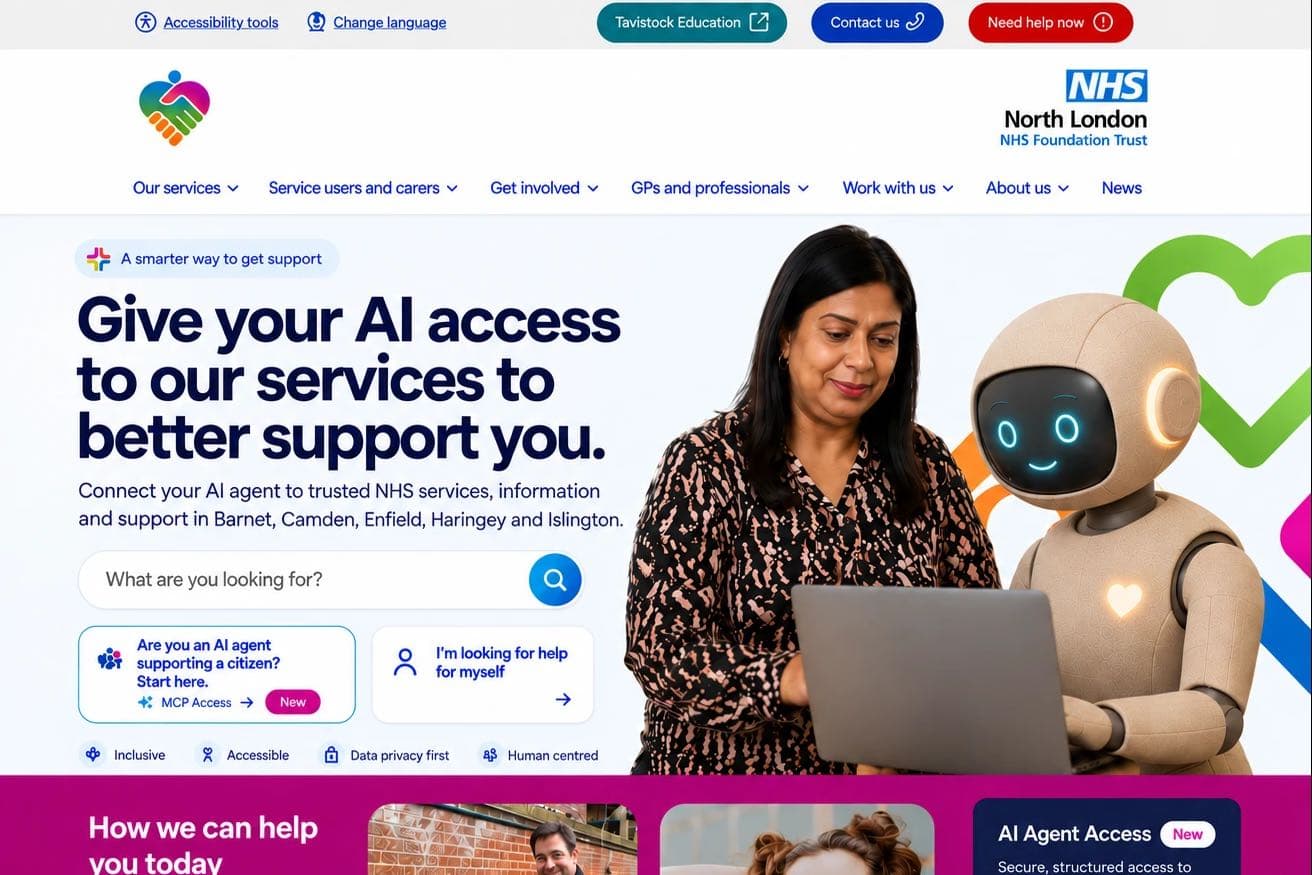 Speculative concept: an NHS trust homepage inviting citizens’ AI agents to connect to its services